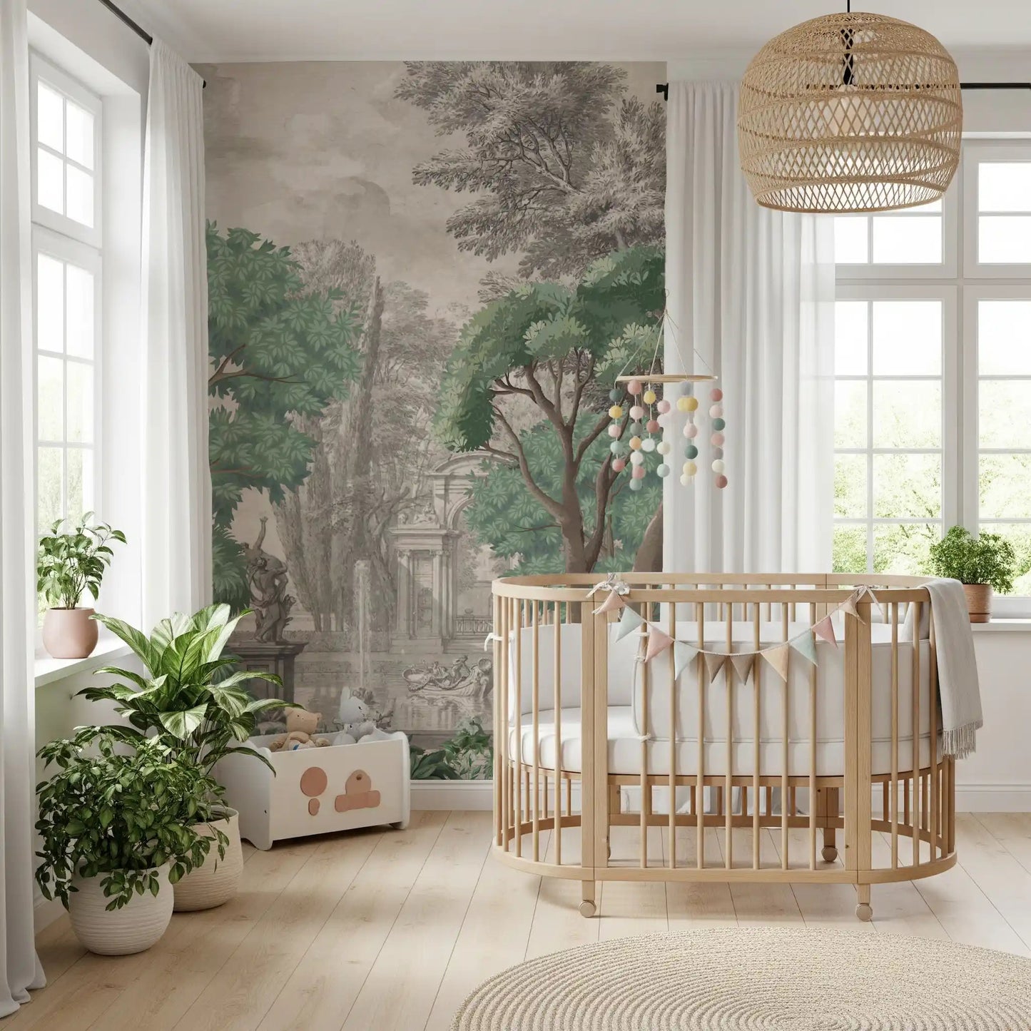 The classical green garden wall mural anchors a bright Kids room.