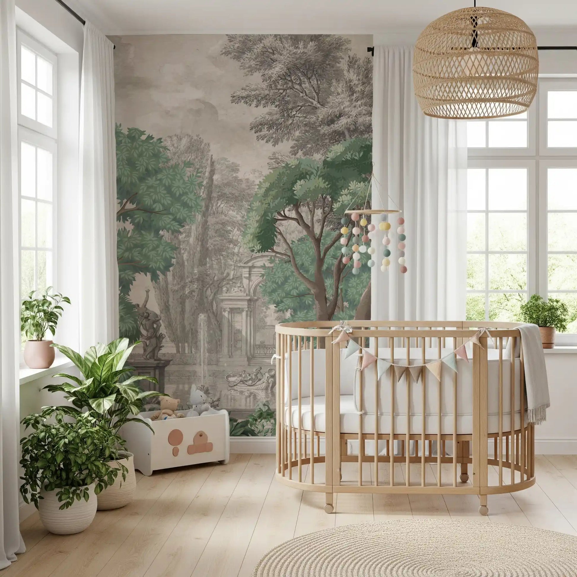 The classical green garden wall mural anchors a bright Kids room.