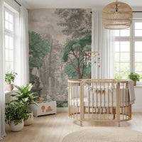 The classical green garden wall mural anchors a bright Kids room.