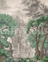 A stone fountain sprays water in the center of the garden wall mural.
