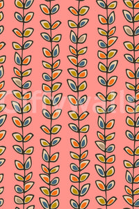 A nostalgic retro wallpaper featuring upward-climbing vines with multicolored leaves on a pink base.