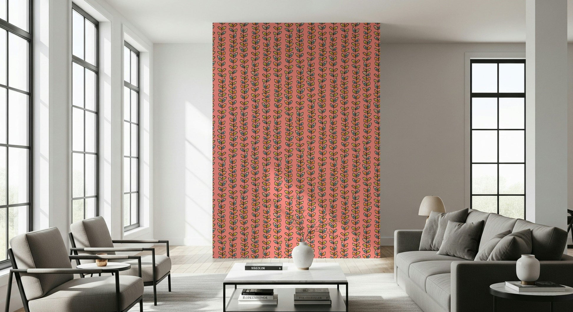 A playful retro wallpaper decorated with neat vertical vines and multicolored outlined leaves on pink.