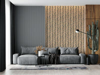 Vertical climbing vines with outlined leaves in soft hues forming a cheerful retro wallpaper.