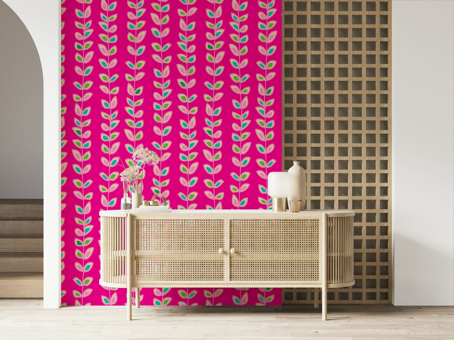 Striped vine motifs with playful retro leaves standing out boldly on a bright fuchsia wallpaper.