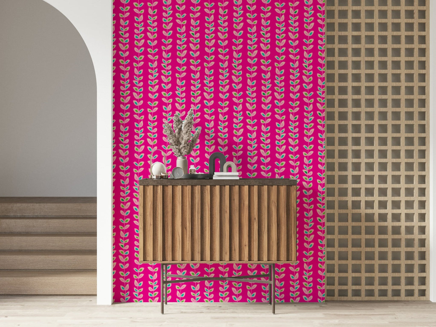 Colorful leaf designs arranged along upward vine stripes against a vivid fuchsia wallpaper background.