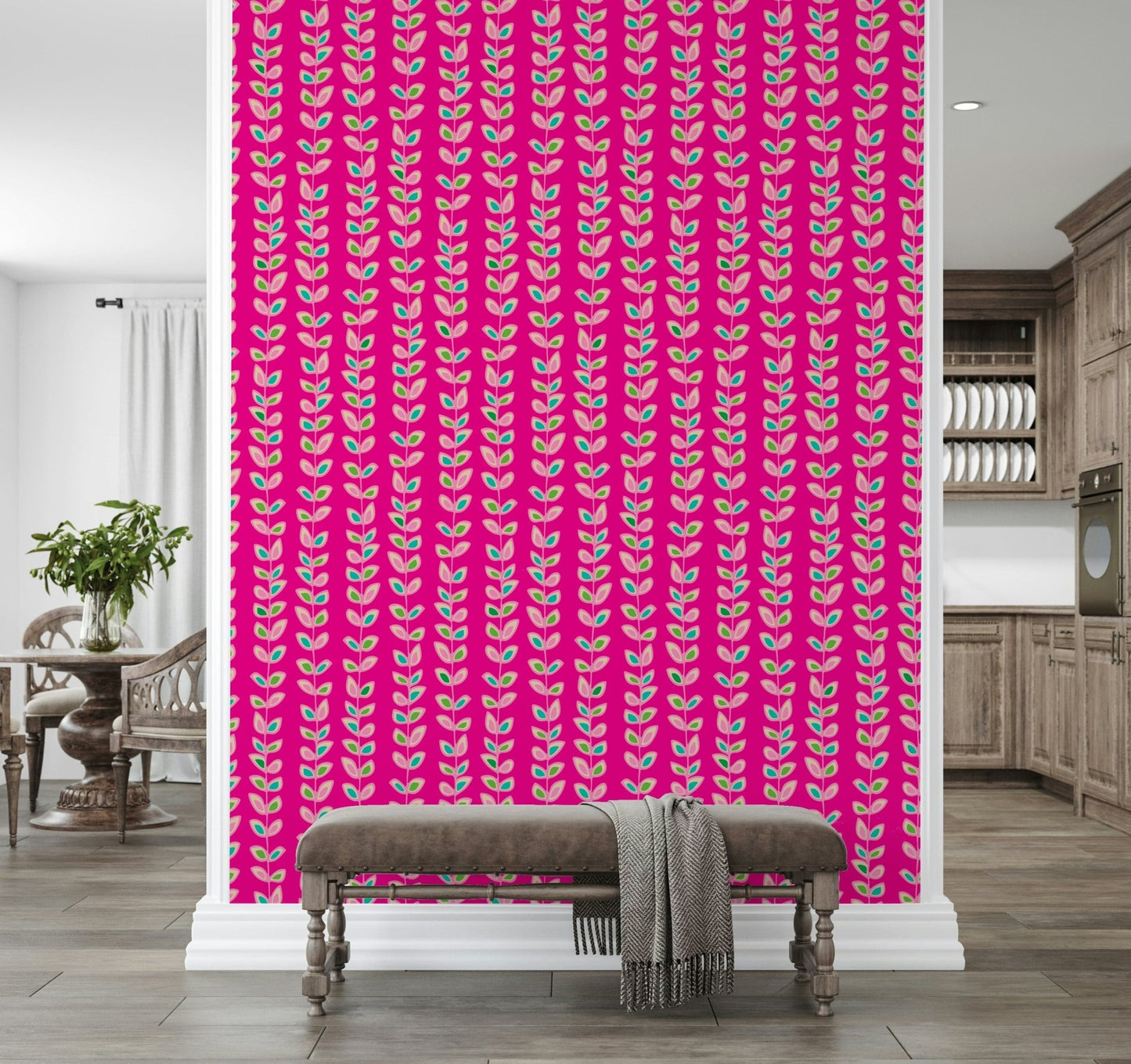 A lively fuchsia wallpaper decorated with vertical vines and multicolored retro-style leaves.