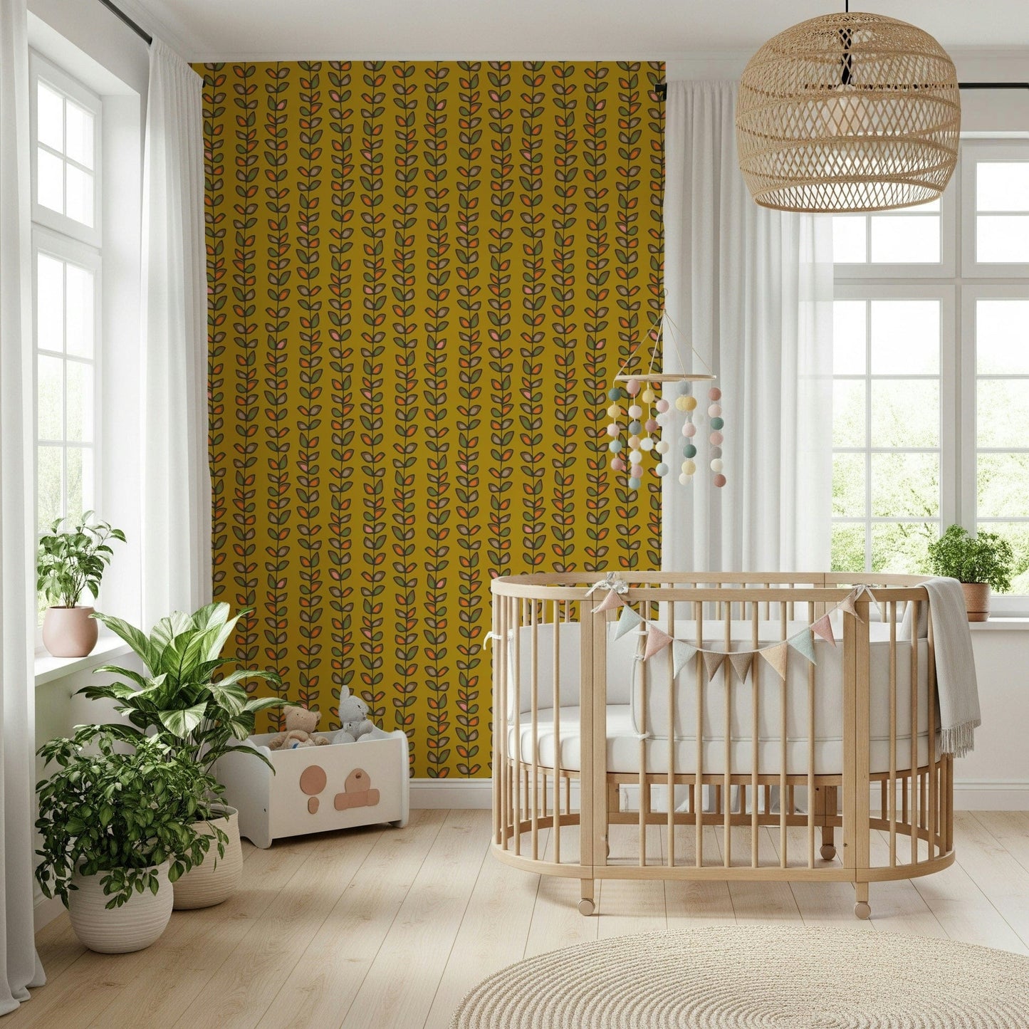 Mustard-toned wallpaper showcasing playful retro leaves climbing upward in tidy vertical stripes.