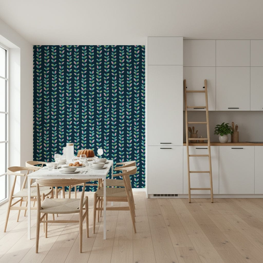 Striped vine patterns with pink, green, and blue leaves creating a playful retro wallpaper design on navy.
