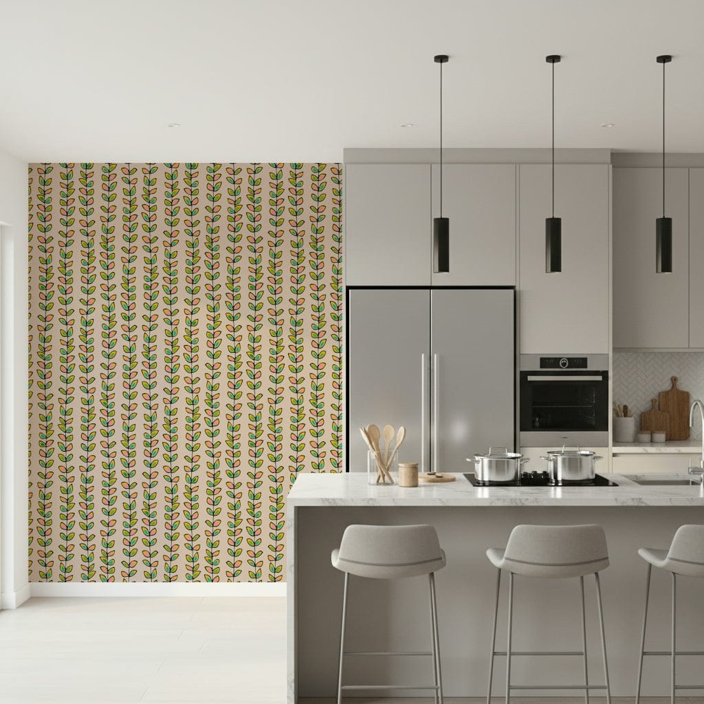 An off-white retro wallpaper featuring vertical climbing vines with colorful leaf patterns.