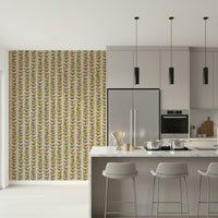 An off-white retro wallpaper featuring vertical climbing vines with colorful leaf patterns.