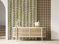 A lively retro leaves wallpaper showing colorful leaf clusters aligned along upward vines on a soft off-white tone.