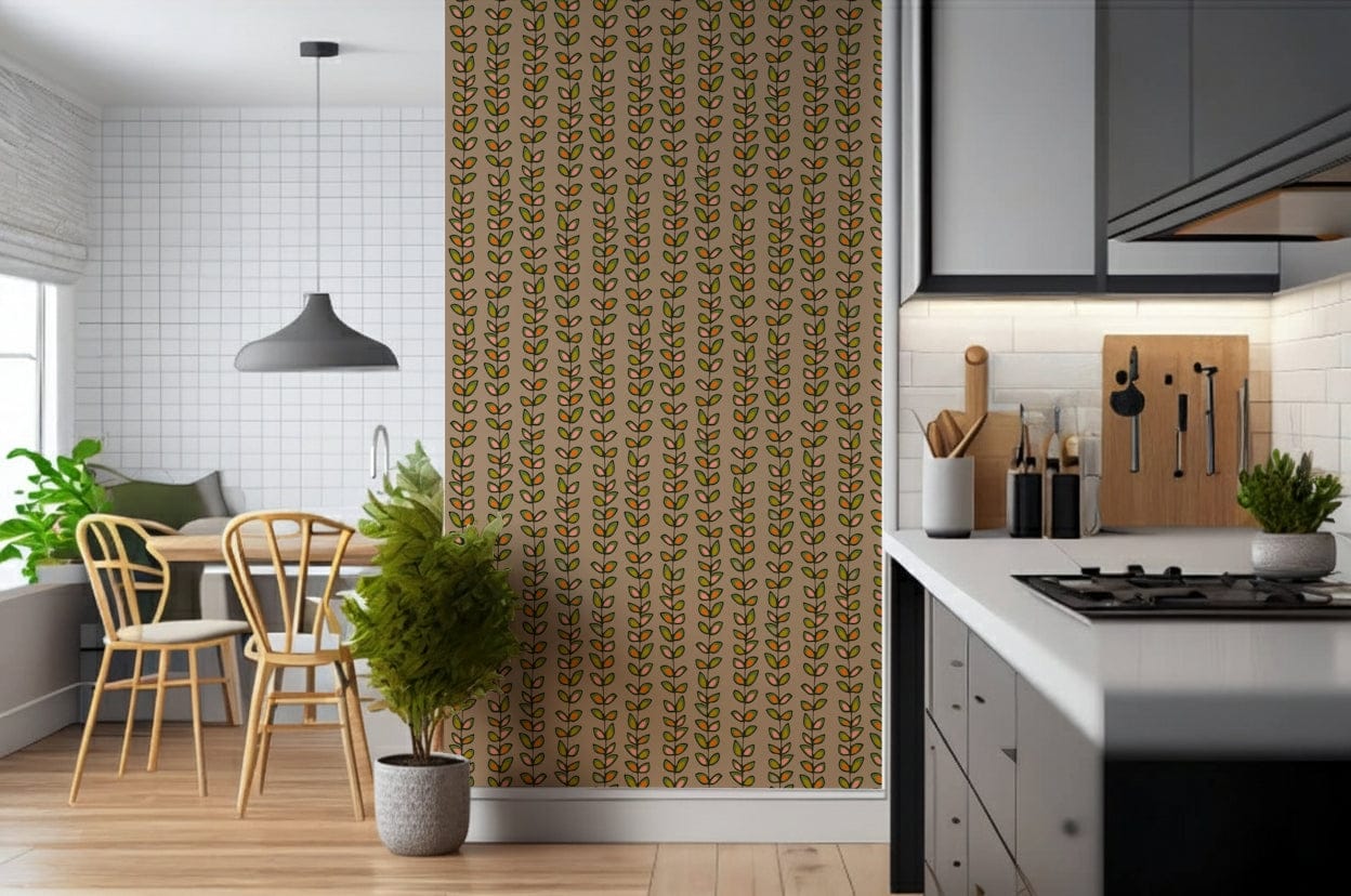 A warm beige wallpaper decorated with repeating retro leaves arranged along thin vertical vines.
