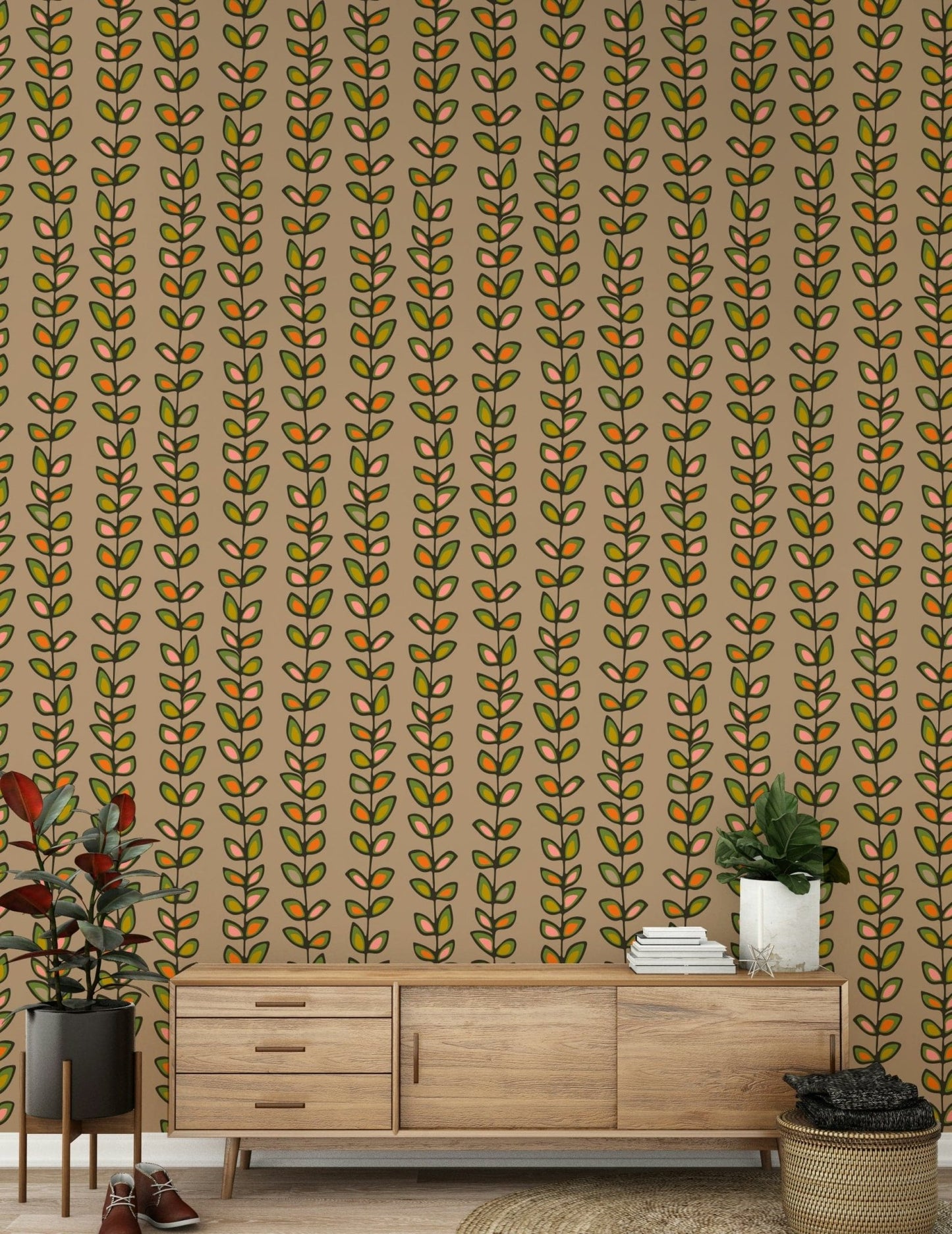 A patterned retro wallpaper with evenly spaced climbing vines and stylized leaf shapes in warm tones.