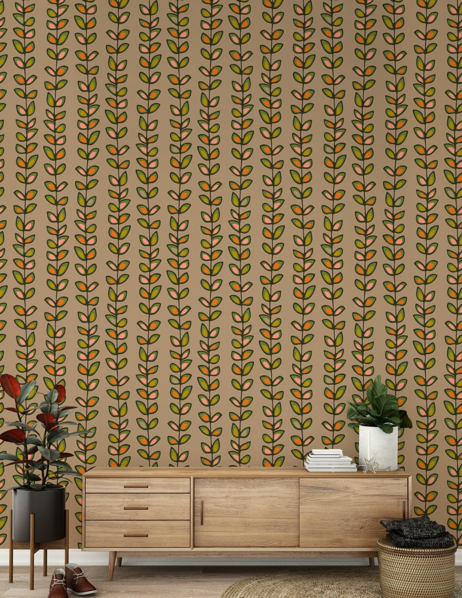 A patterned retro wallpaper with evenly spaced climbing vines and stylized leaf shapes in warm tones.