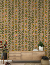 A patterned retro wallpaper with evenly spaced climbing vines and stylized leaf shapes in warm tones.