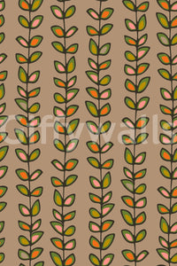 Warm beige wallpaper decorated with playful retro leaves arranged in tidy upward vine patterns.