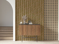 A warm-toned wallpaper featuring hand-drawn leaves rising along neat retro vine stripes.