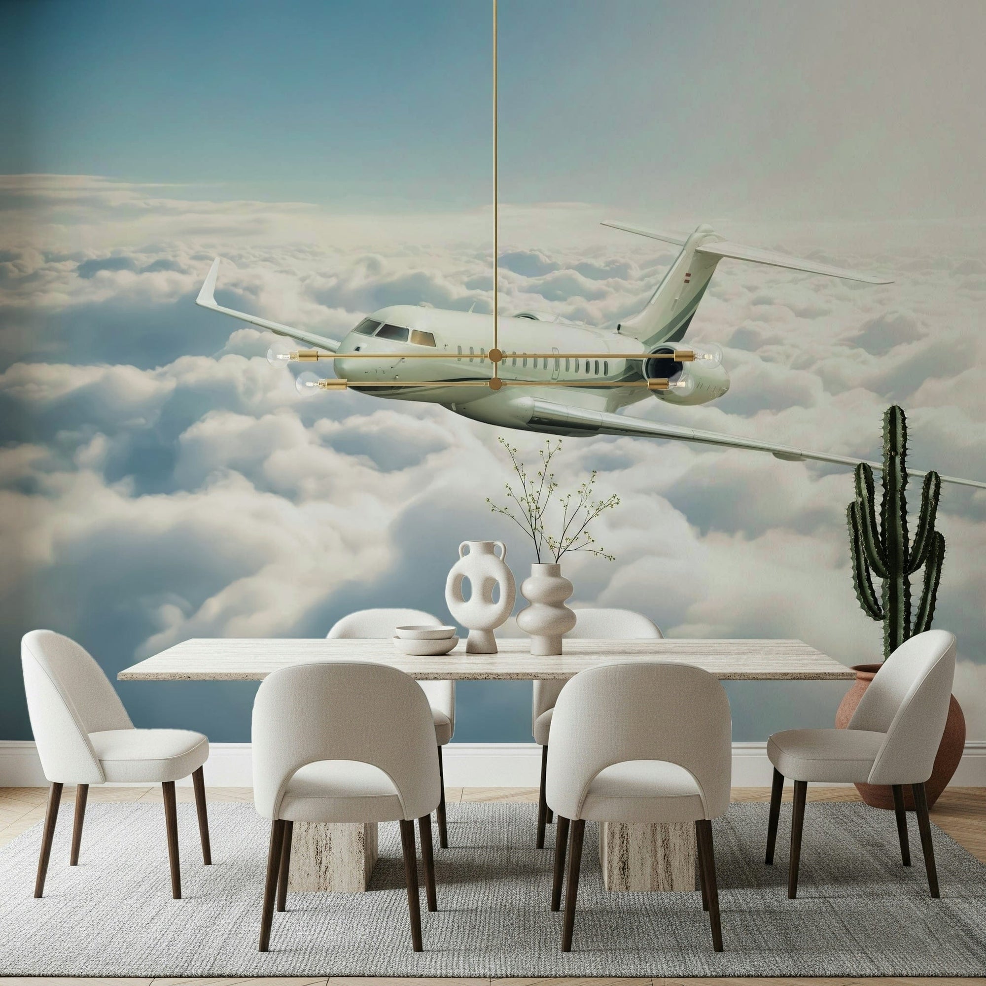 Cloud Cruiser wallpaper mural of a private jet flying above white clouds over a white dining table in a dining room