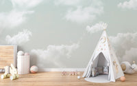 Panoramic landscape of the cloud dancer pattern stretching across an office wall.