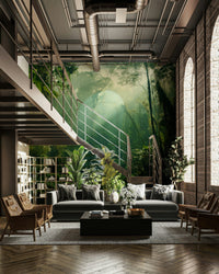 An artistic lush forest mural on minimalist wallpaper.

