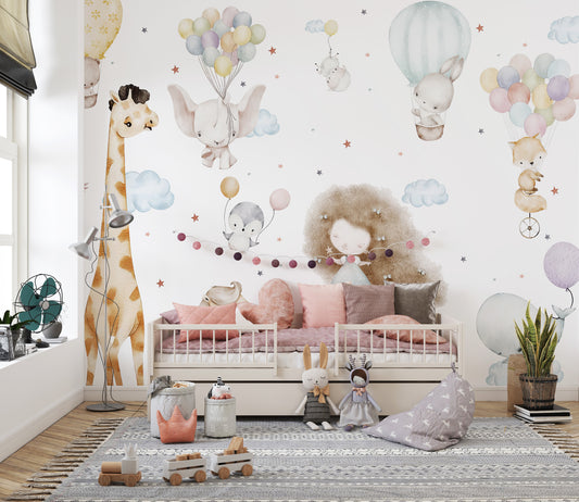 Whimsical cloud wallpaper with playful characters mural art.
