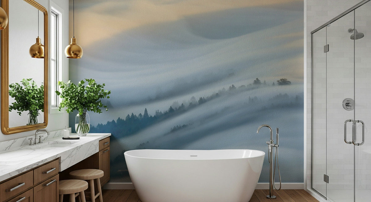 Cloud Veil Vista wallpaper mural of misty fog over forest hills in a bathroom with freestanding tub and wood vanity