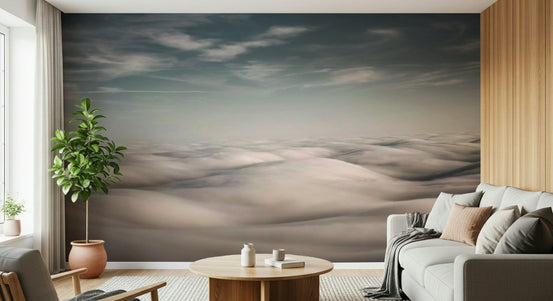 Cloudscape Serenity wallpaper mural of a soft sea of clouds behind a grey sofa with a rubber plant in a living room
