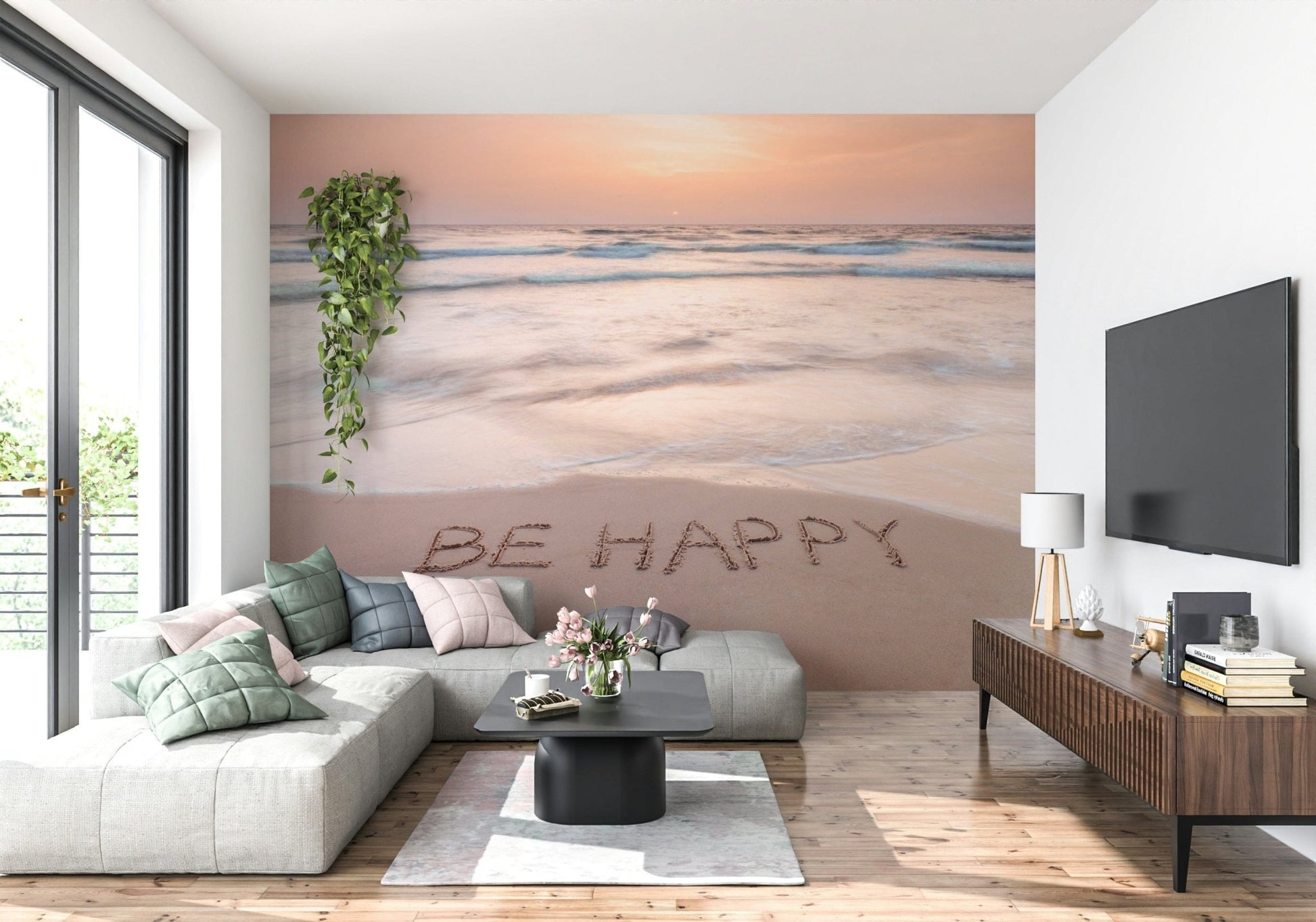 Wall mural Coastal Affirmation aesthetic beach scene soft colors inspiring text.