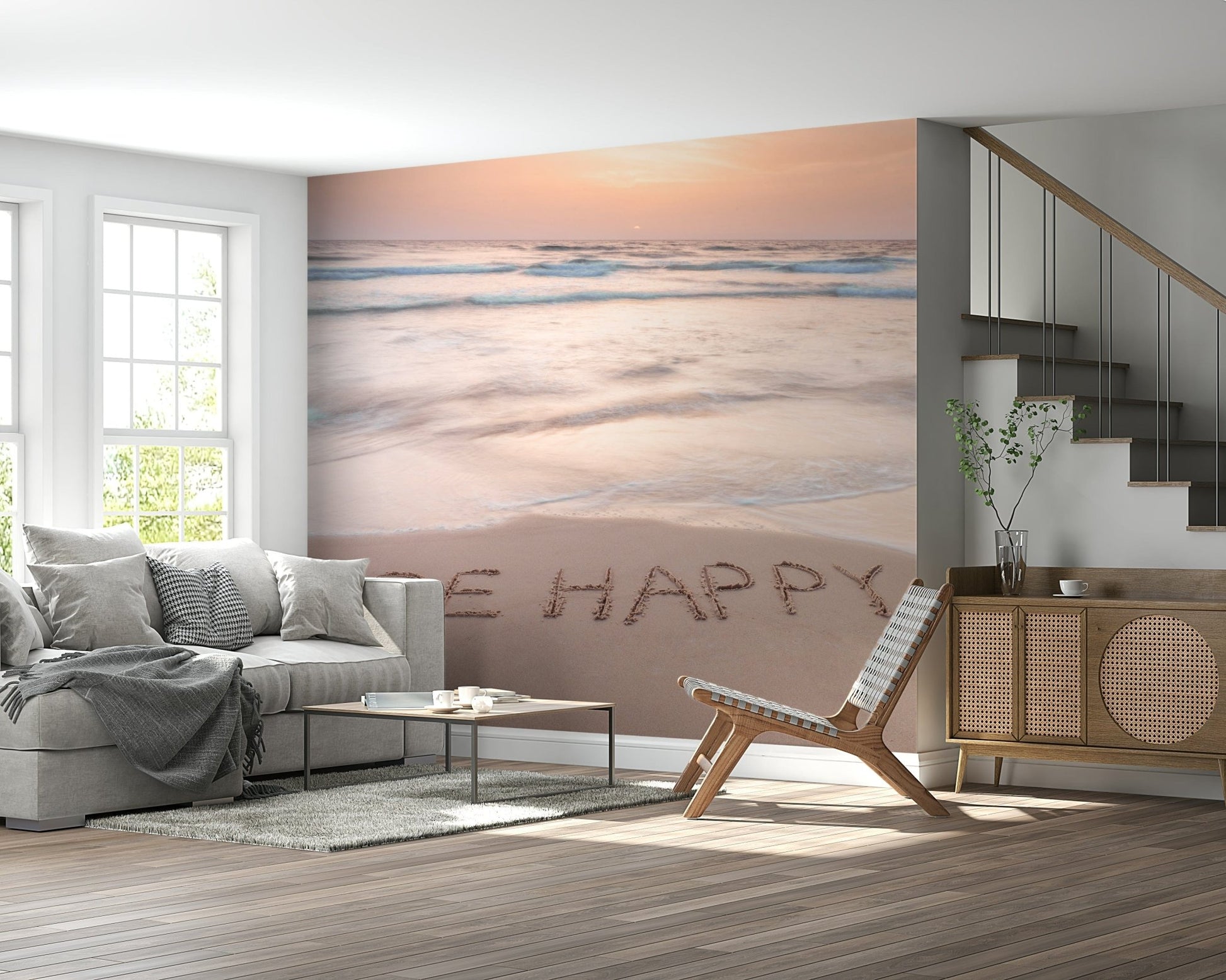 Coastal Affirmation wallpaper beach sand writing "Be Happy" waves mural.