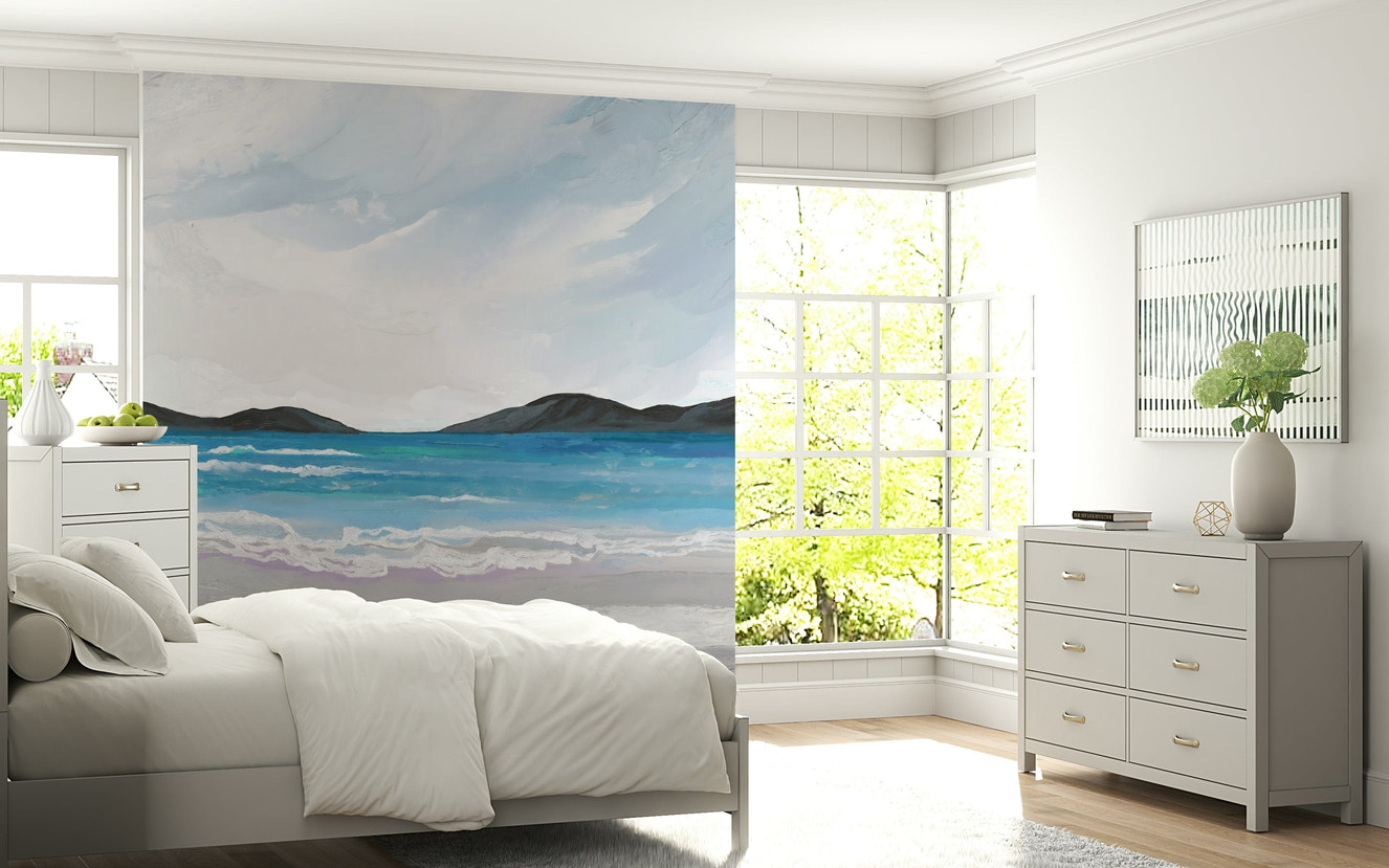 Coastal Scene Wall Mural with calm ocean view in soft blue tones for living room wall decor