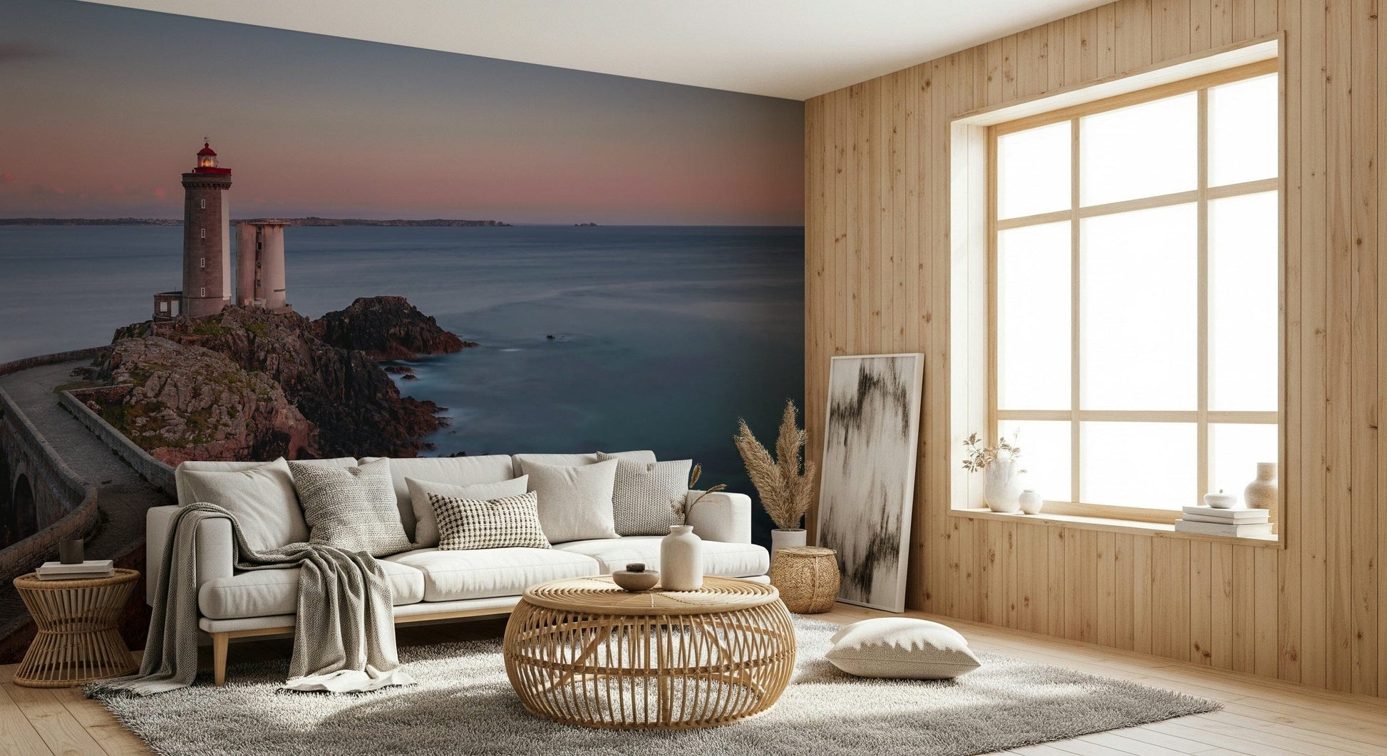 Wallpaper depicting a lighthouse on cliffs with gentle waves and soft pastel skies.