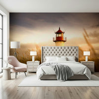 Entryway wall mural of shoreline and lighthouse at dusk, warm light, modern apartment feel