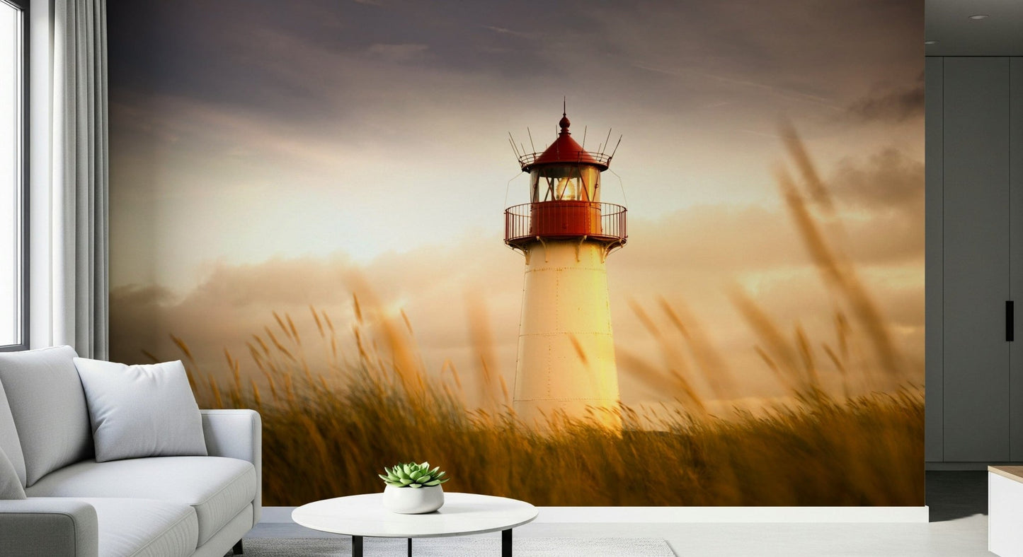 Minimal living room with lighthouse sunset wallpaper mural.