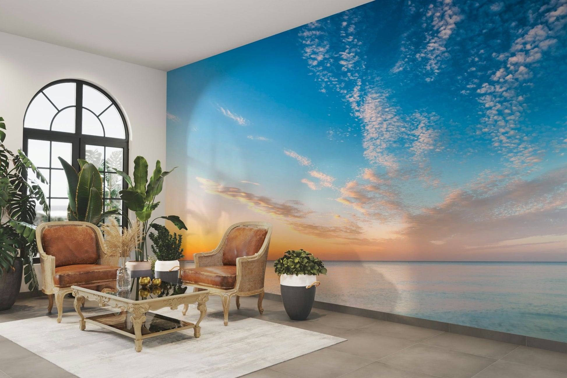 Coastal dusk wall mural with soft pastel sky

