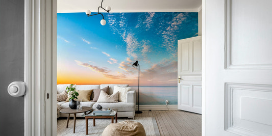 Serene blue and gold seascape wallpaper for a modern apartment
