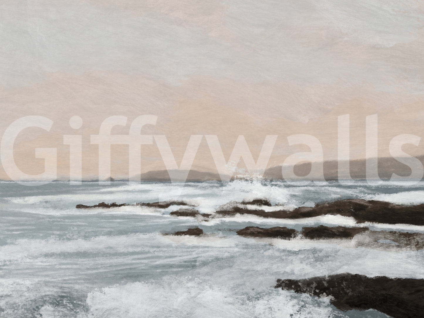 Coastal Hues wallpaper mural shown close up, pale blue waves breaking over dark rocks below a soft beige sky