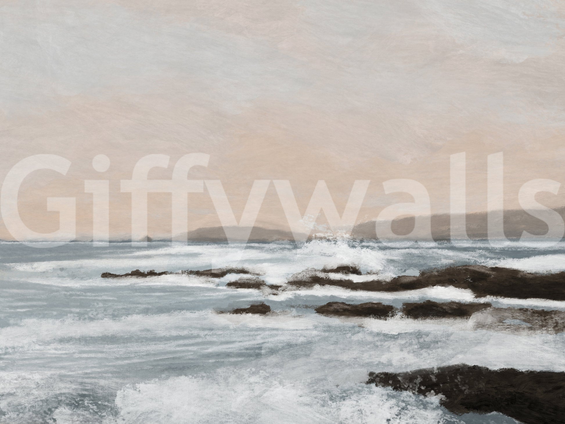 Coastal Hues wallpaper mural shown close up, pale blue waves breaking over dark rocks below a soft beige sky