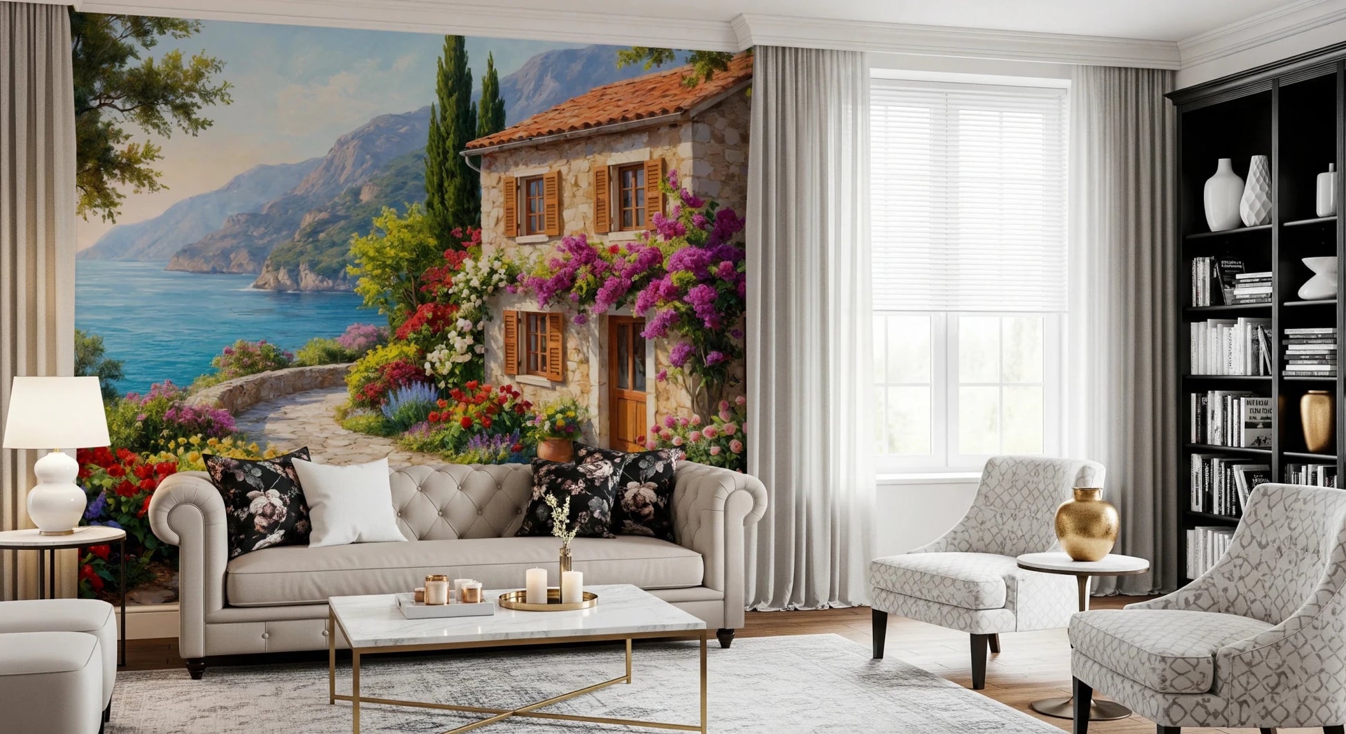 Coastal Cottage Bloom wallpaper mural of a coastal cottage above a cream chesterfield sofa in a living room
