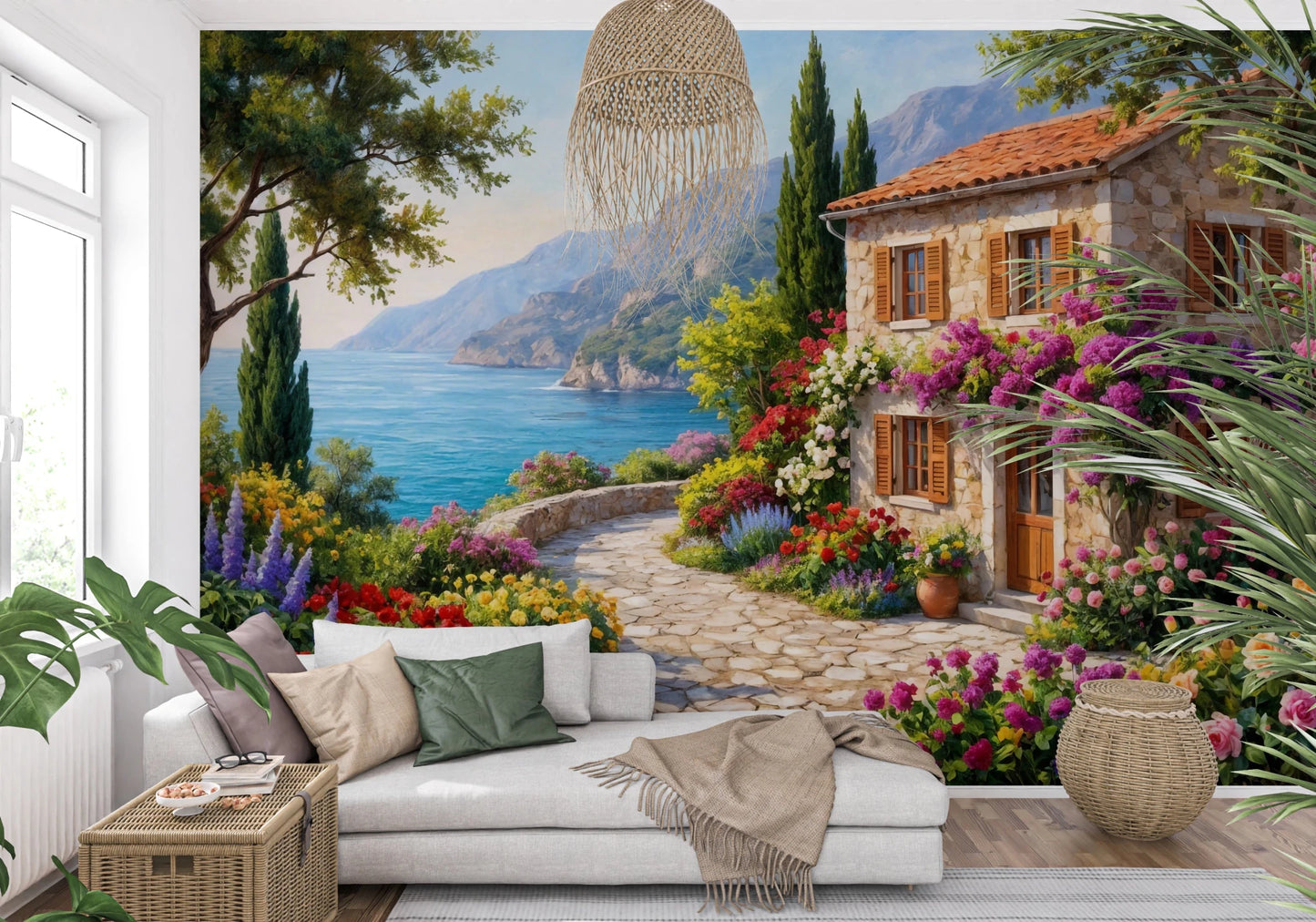 Coastal Cottage Bloom wallpaper mural with a flower-draped cottage and sea behind a white sofa in a living room