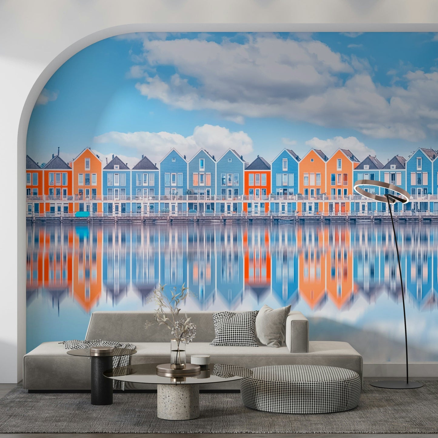 Aqua cottage row wall mural featuring calm coastal village view