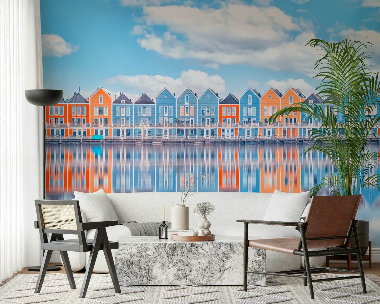 Colorful aqua cottage row mural with Scandinavian-style waterfront homes