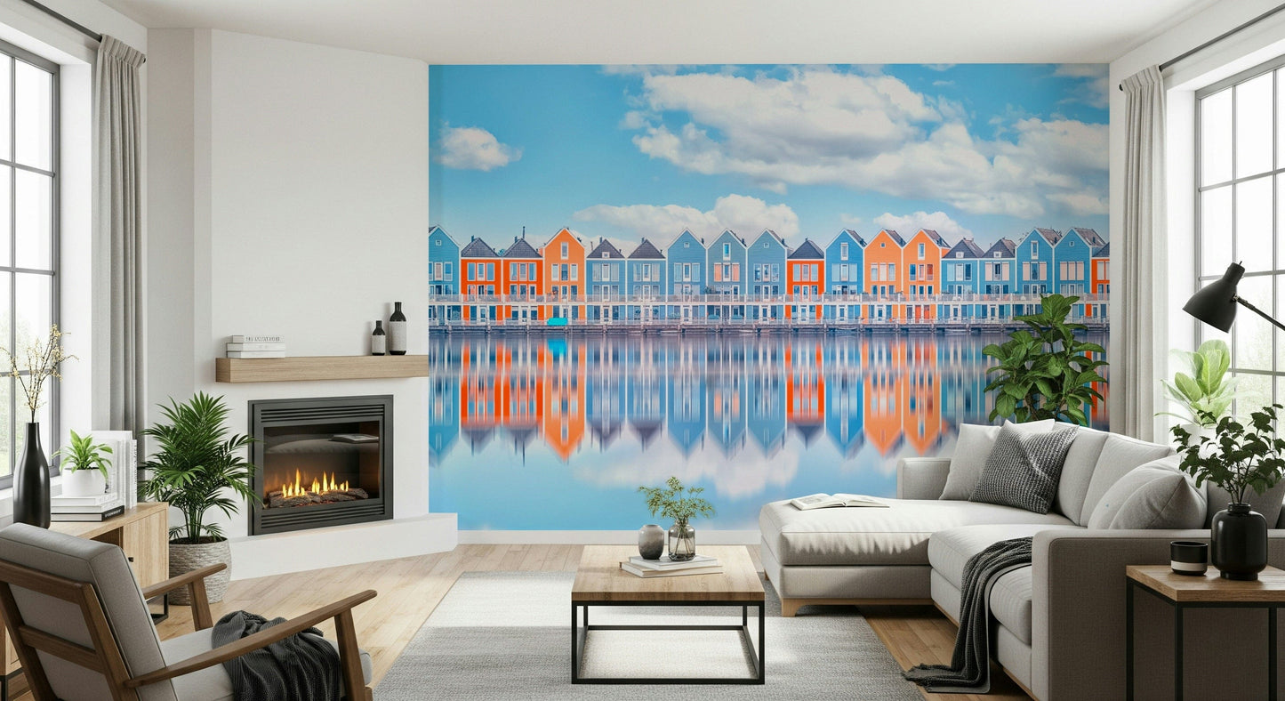 Aqua cottage row mural for modern bedroom coastal décor