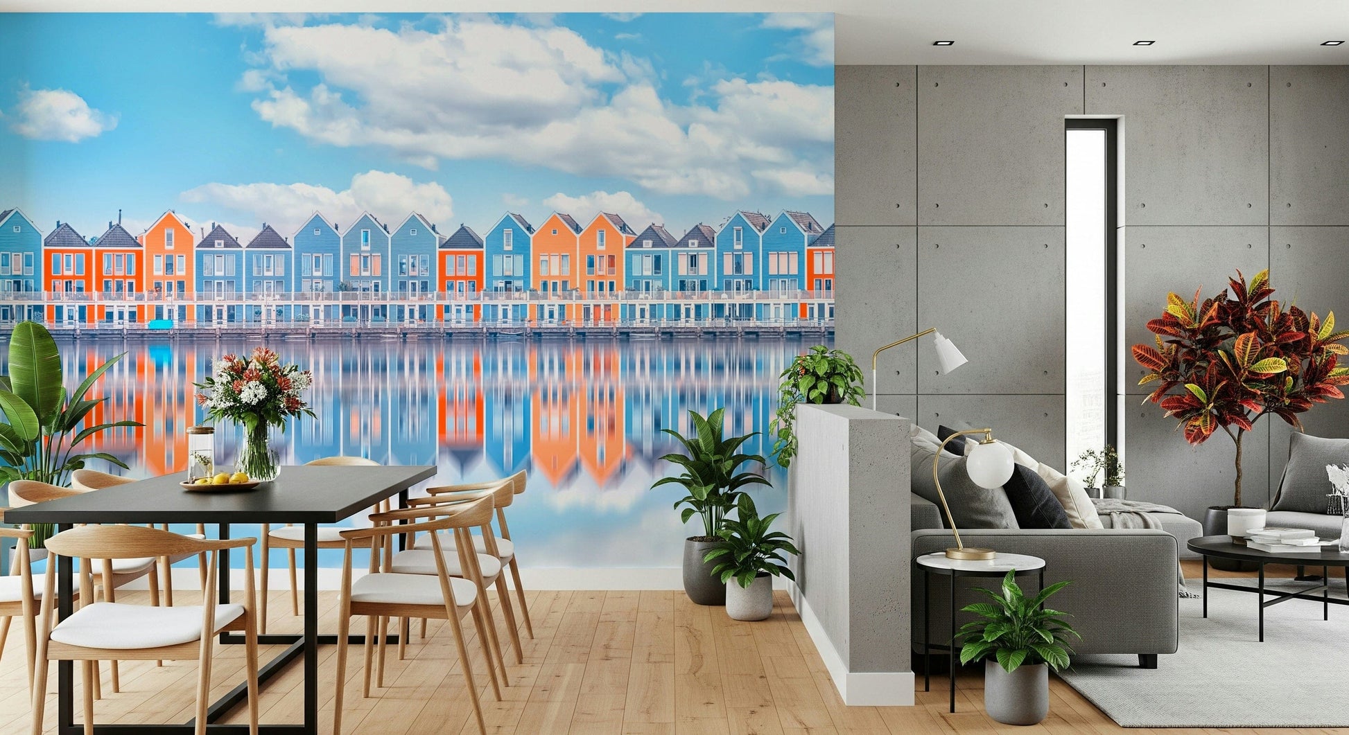 Seaside cottage row wall mural with blue sky and water reflections