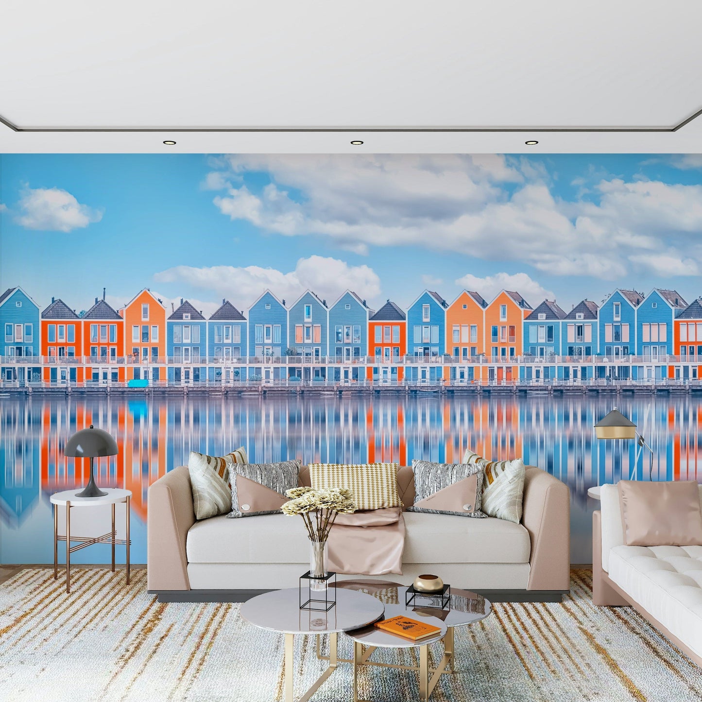 Aqua cottage row mural art inspired by peaceful harbor scenery