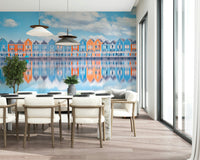 Waterfront cottage row mural featuring pastel aqua houses and sky