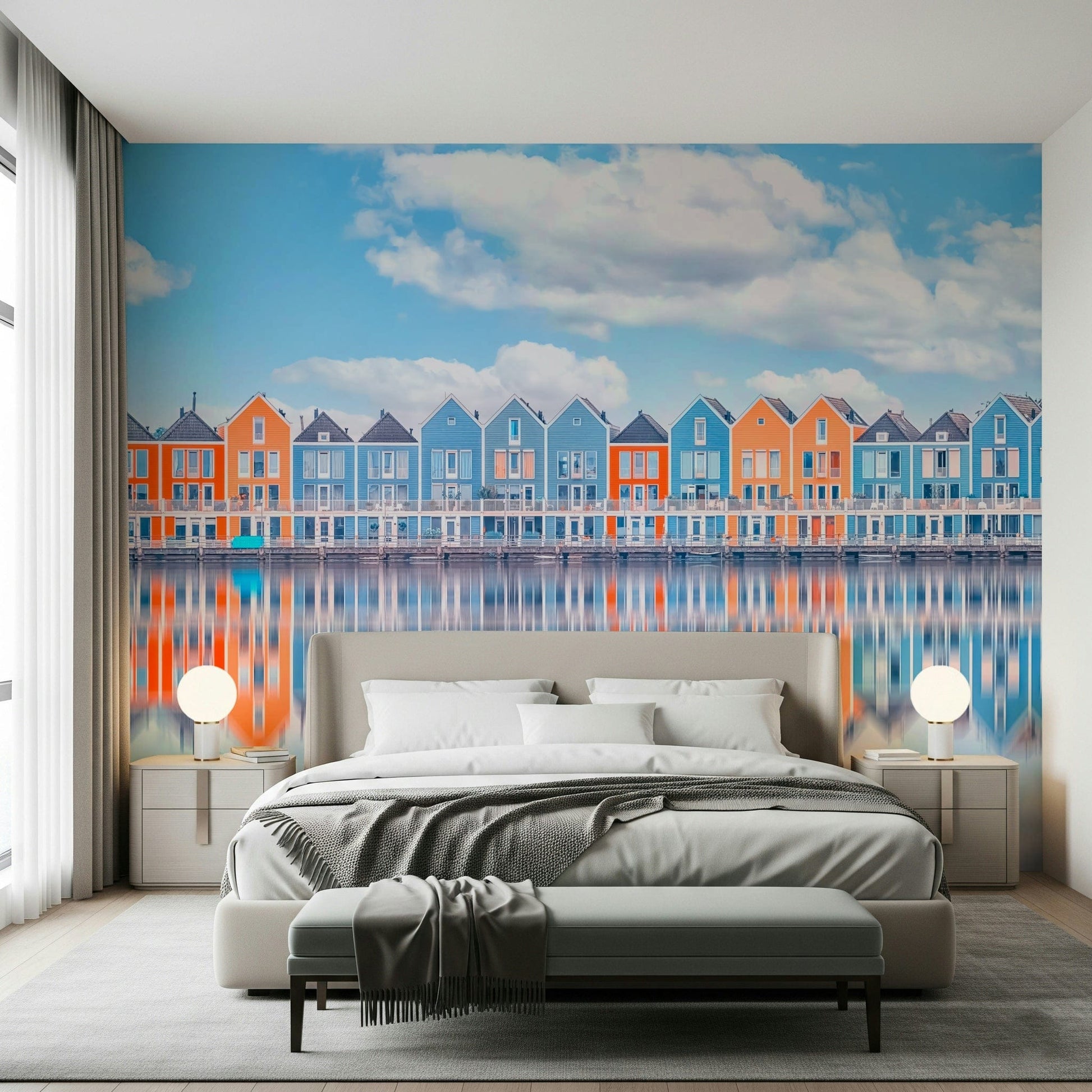 Aqua cottage row wall mural with colorful waterfront houses and calm water reflection