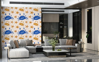 Cute nautical wallpaper with repeating crab and star elements.