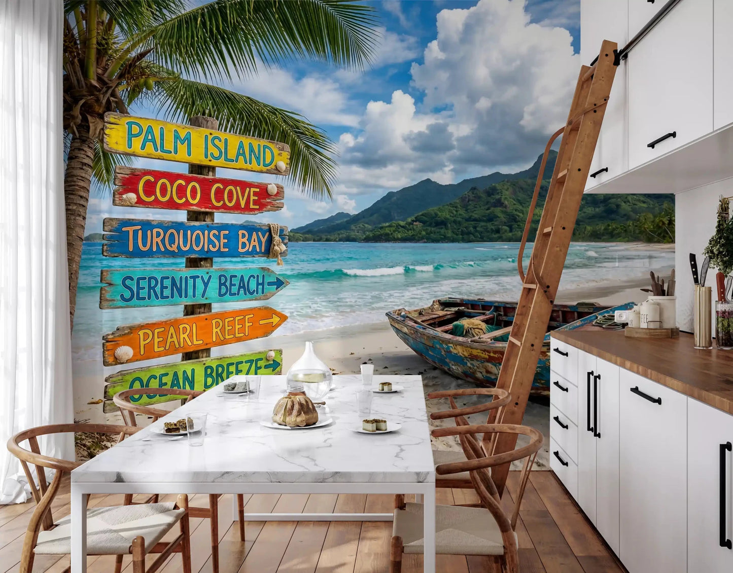 Dining area beach mural with palm tree and island view