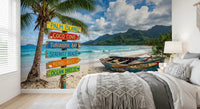Tropical beach Dream wall mural with wooden boat and waves