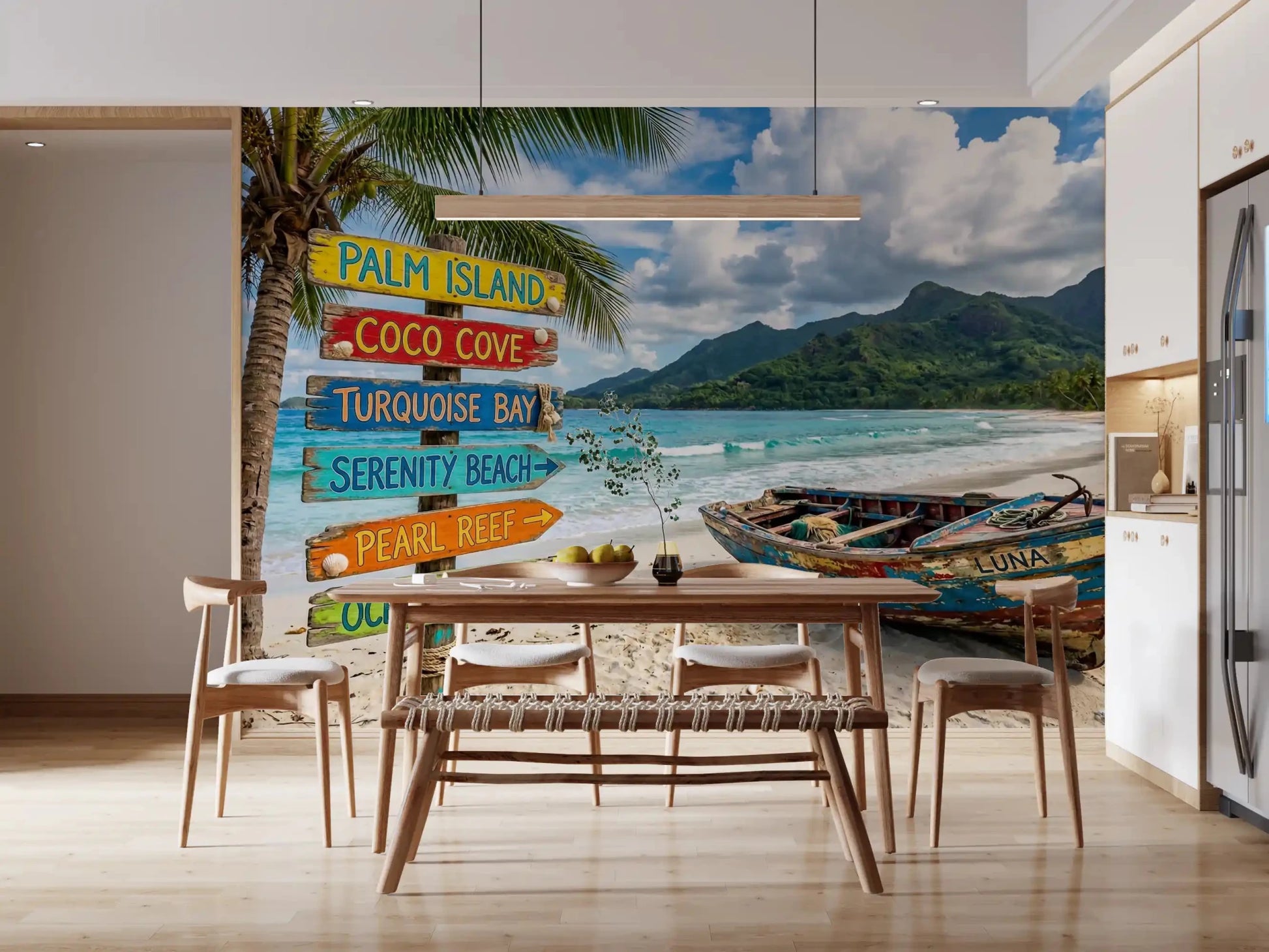 Ocean view Dream mural with sandy shore and palm trees